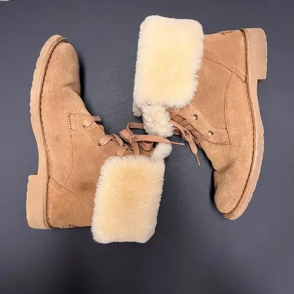 UGG Weylyn Shearling Cuff Lace Up Suede Boots Chestnut Fur Womens 8.5 Cozy Y2K - Picture 2 of 9